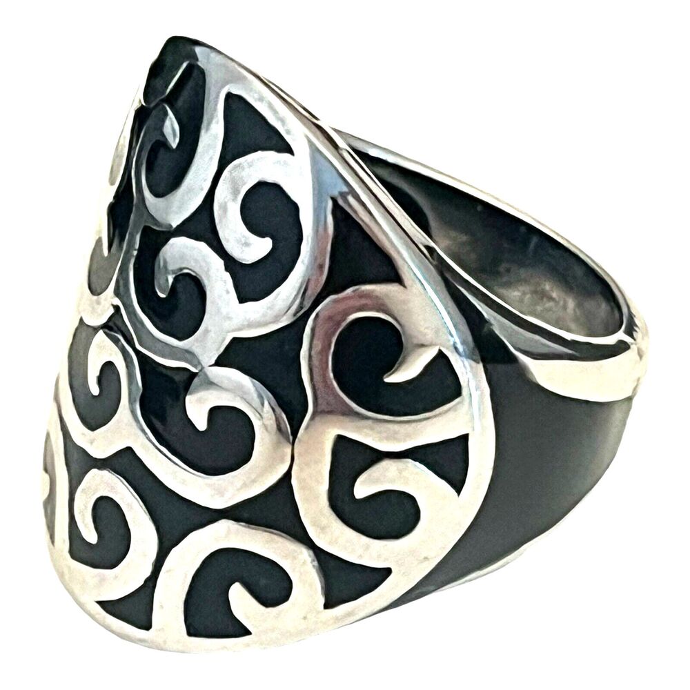 Silver Tone Cocktail Ring Black Scrolling Design Statement - 5H